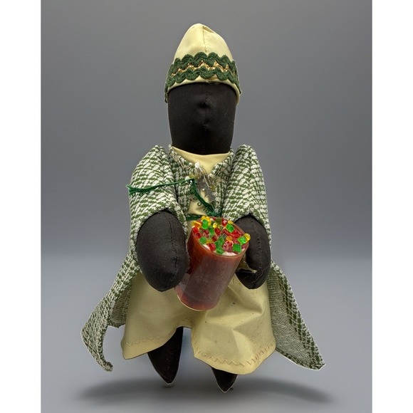 Other - Vintage Handmade Folk Art Black Cloth Doll Green Tweed Coat Dress Cup of Candy